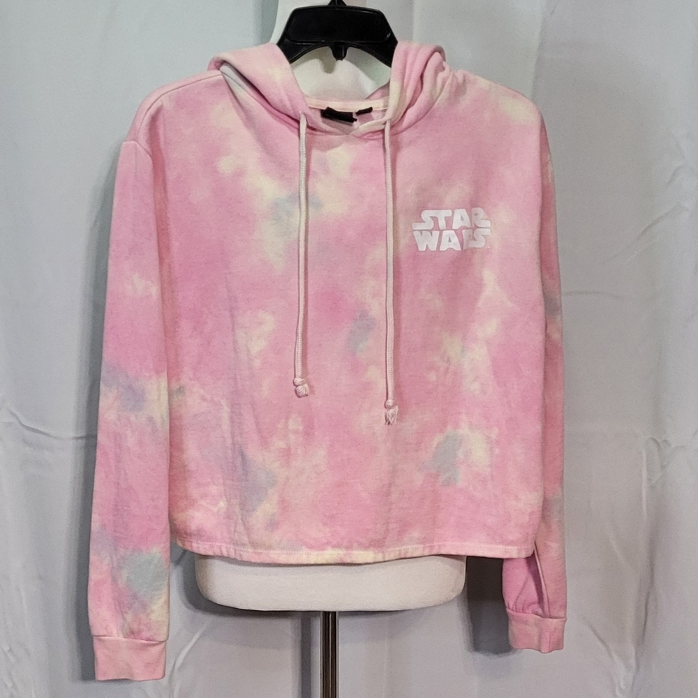 Star Wars Women's Pink Semi-Crop Tie-Dye Pullover Hoodie Size Small/Medium EUC - Picture 8 of 15